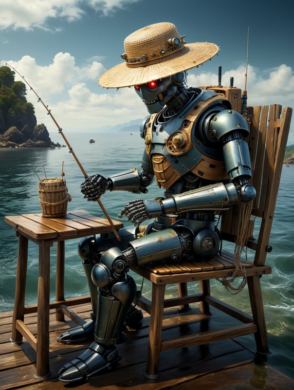 Android robot fishing on the sea. Sitting on a wooden chair and wearing a straw hat