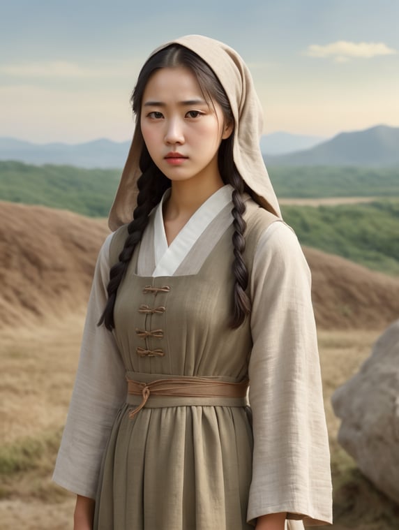 Vintage front view portrait of a sad-looking young and very cute Korean girl, wearing a simple earth colored linen medieval dress and a linen coif, standing in front of vast landscape with a bright sky, muted earth colors, highly detailed, realistic