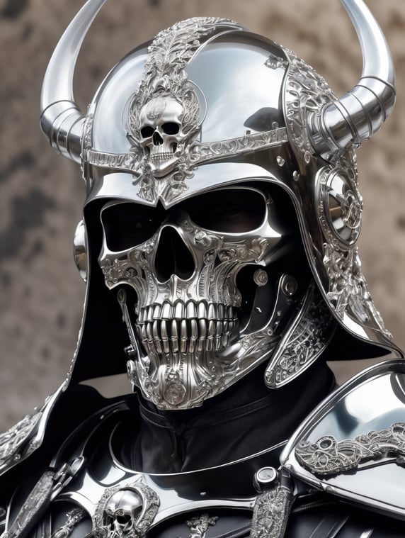 a male grim reaper with skull headed inside a clear helmet in hajime sorayama chrome armor style