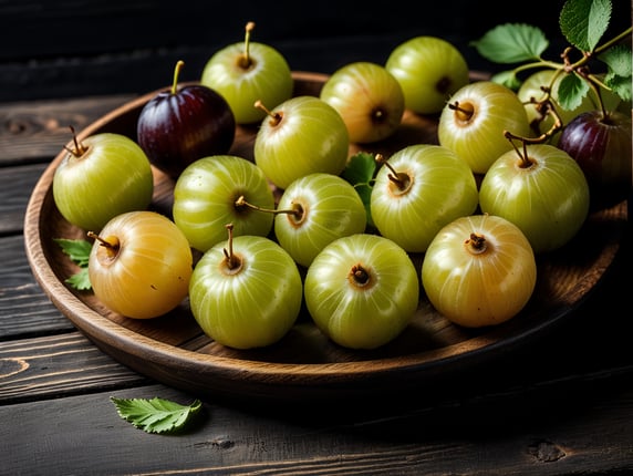 Gooseberries scattered on black wooden boards
