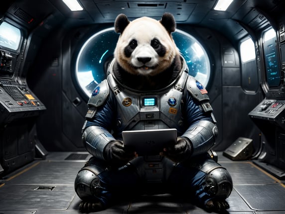 big panda in a space suit sitting on the floor of the space ship reading computer tablet