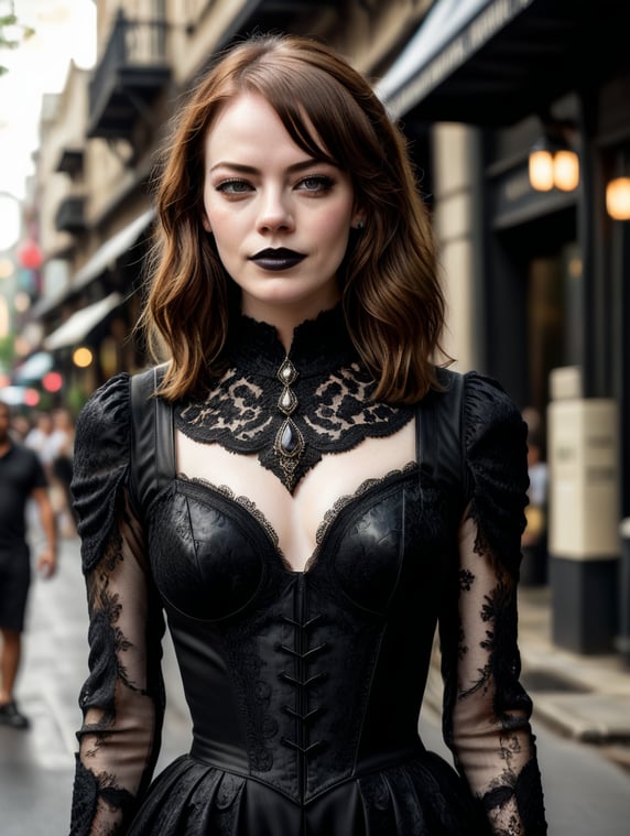 emma stone wearing long black gothic dress and black lipstick and eyeliner, full body picture, the background is on the streets