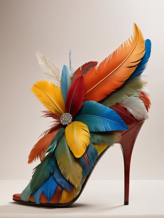 High heeled shoe made from colored Parrots feathers
