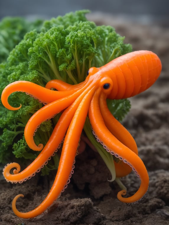 Incredible animal hybrid of a carrot plus a octopus. The tail of the carrot is a octopus.