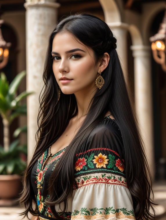 a beautiful white girl with long straight black hair she wears a beautiful dress in a mexican environment; uma linda garota branca com cabelos lisos compridos e pretos ela veste um lindo vestido em um ambiente mexicanos