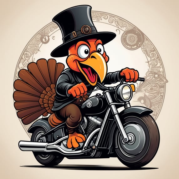 an illustration of a cartoon style scared turkey with a pilgrim hat riding a motorcycle, 2d circular design, ink and pen illustration