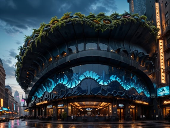 dream prompt: the craziest wide viewing angle and large view lens architectural modern style hyper realistic hyper detailed neocosmic exterior architecture design of a dinosaure shape Fluid restaurant facade, bleue geometric dinosaure spectrum, bleue::1 white::3, Santiago Calatrava and Aaron Horkey architecture art styles, in new york city, soft ambient, night light, cinematic photo, natural lighting, camera nikon, 8k, --s1000 --style raw, you can imagine