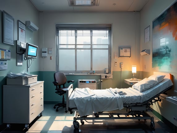 In a dimly lit hospital room, a single bed takes center stage. The crisp white sheets are neatly arranged, and a solitary chair sits beside it, empty but with a well-worn appearance. The faint glow of medical monitors casts a soft, reassuring light. This one frame scene captures the calm, contemplative atmosphere of a hospital bed, a place of both vulnerability and hope.