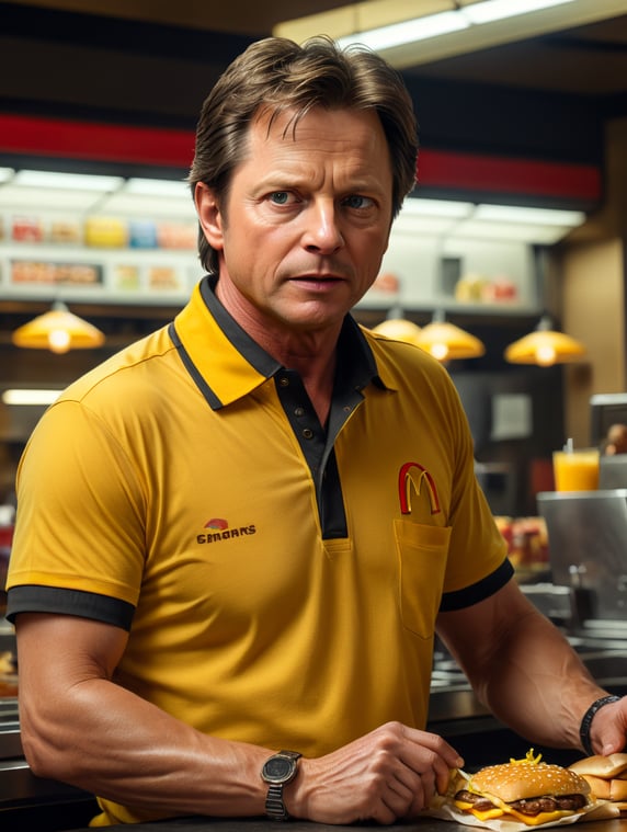 Michael J. Fox as a McDonald's worker. totally sweaty, yellow polo shirt