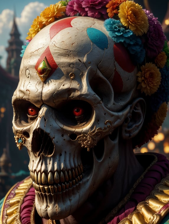 skull clown, high detail, deviantart, artstation, octane render, cinematic, hyper realism, 8k, depth of field, art by Tooth Wu and wlop and beeple and dan mumford and greg rutkowski, artstation, concept art, illustration, vibrant colours