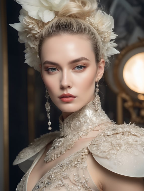 Tim Walker style award winning intrinsic detail dreamscape photo-art high fashion portrait style of a female supermodel with stylized modern hair in John Galliano fashion design in a high fashion studio, hd, 8k