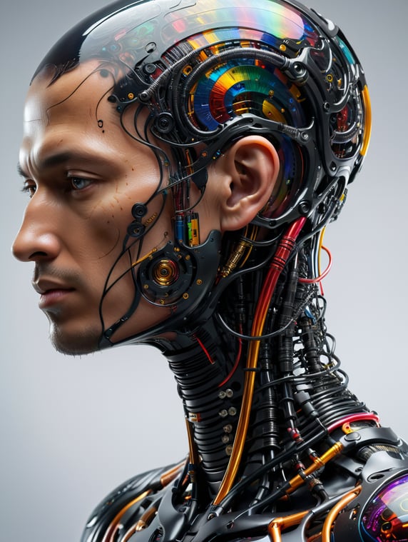 iseneld + abstract biomechanic humanoid portrait made of matte transparent rubber, smooth carbon fibre skin, circuits and sinuous wires, liquid shapes + vibrant color palette, biomorphic, minimalism, surrealism, dither + art station