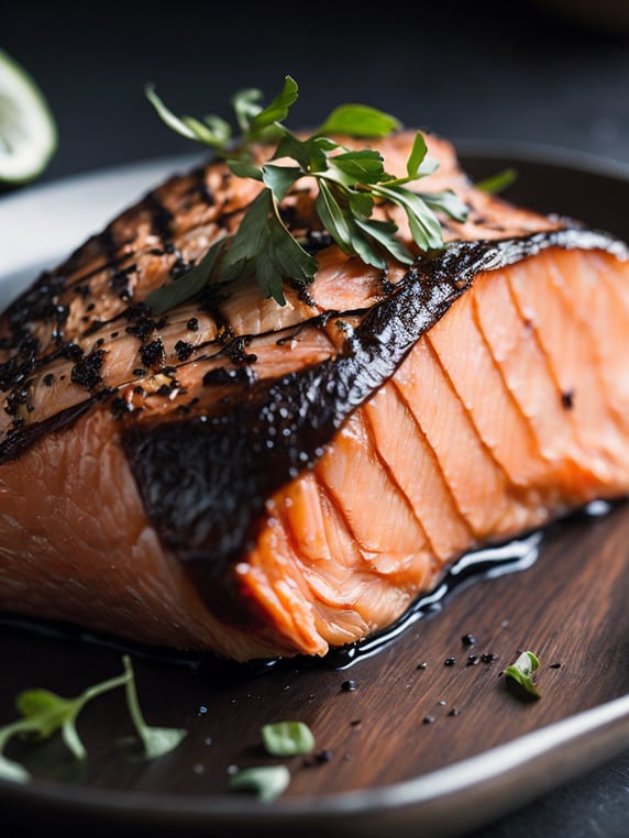 macro photography of a grilled salmon