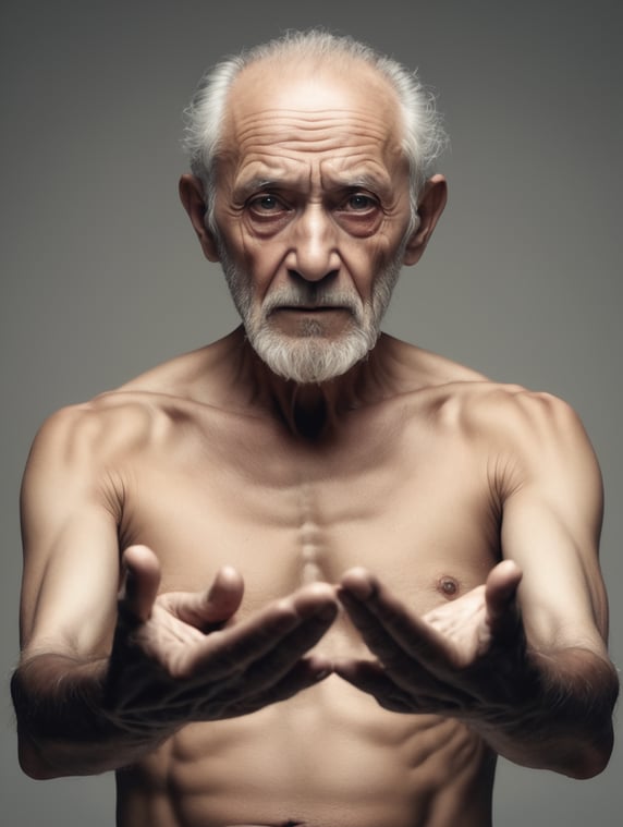 Creepy old man with no shirt reaching his hands palms out to foreground