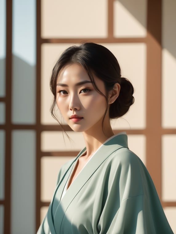 Japan, minimalism, cinematic composition, geometry 25 years old gorgeous goddess of love and beauty, look at camera, matching colors, dynamic movement, shadows, romantic dream, natural tones