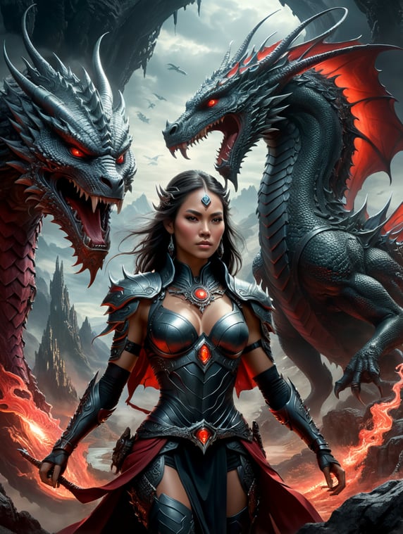 a scene showing a beautiful shaman woman with dragon in some environment, in the style of futuristic landscapes, alien art, aleksi briclot, dark gray and light crimson, symmetrical chaos, intricate use of hatching, spiky mounds