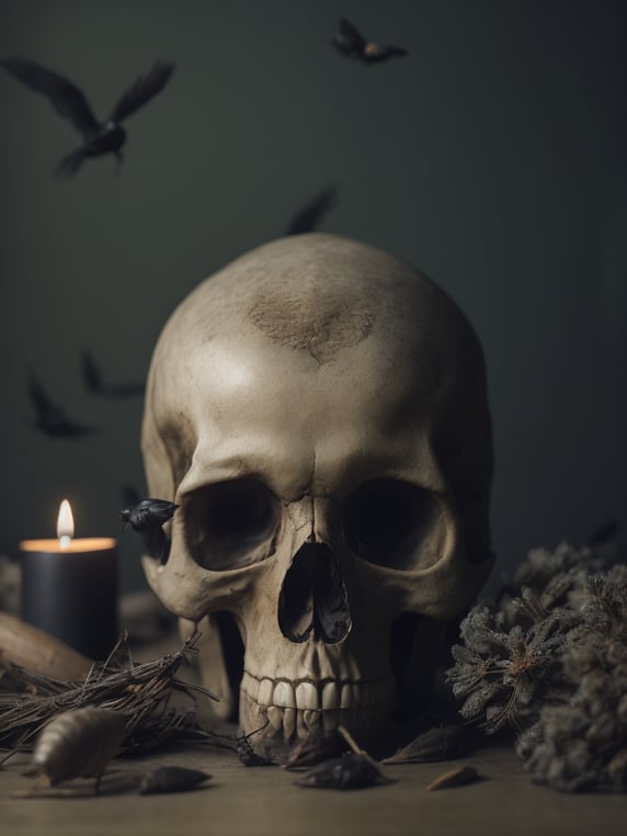 human skull dark candle light surrounded by dead black birds and insects, dark green background scattered dead flowers, shallow depth of field focus