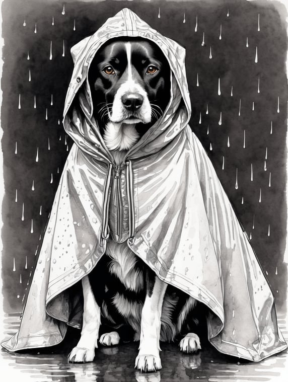 A pen and ink drawing of a dog wearing a rain poncho with a hood