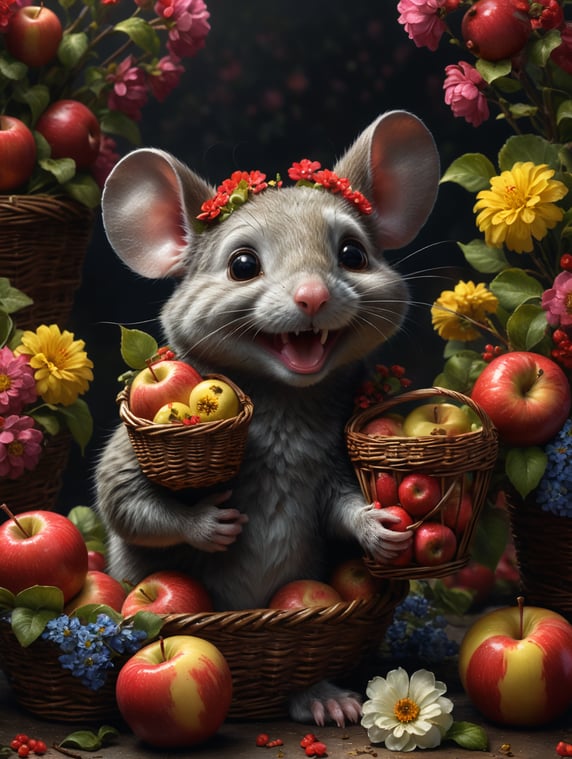 Smiling cute mouse in flowers with contrasting colors holding basket with red apples