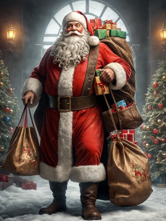 Santa Claus in full height holds a bag of gifts , on a white background, clipart