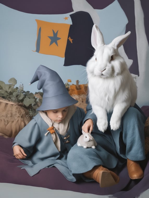 Wizard boy with rabbit; Niño mago con conejo