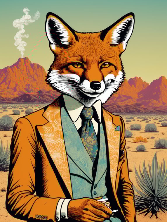 A smilling fox in the desert smoking a cigarette, 1970's screen print, chuck Sperry style, psychedelic, Jugendstil style