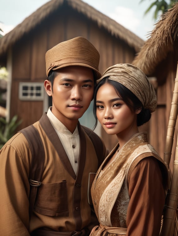 photo of young Indonesian couple in cottage core clothing, epic details, realistic, ray tracing, photorealistic, Cinematic, Ultra HD, vintage; foto couple muda indonesia dengan busana cottage core,epic details, realistic, raytracing, photorealistic , Cinematic, Ultra HD, vintage