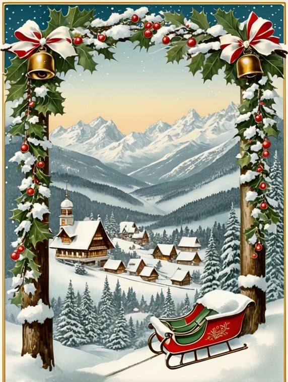 Austrian vintage Christmas postcard illustration brimming with nostalgic winter scenes, adorned with sleigh bells and delicate snowflakes