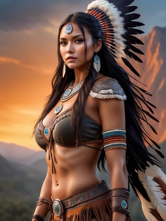 amazingly detailed, masterpiece, ultra hd, long shot, dynamic angle, (((1girl))), stunning Comanche warrior, standing on a mountain looking at a valley below, horse, eagle feathers, moccasins, buckskin clothing, regalia, dreamtime, pow wow, teepee, campfire, smokey eye shadow, high detail skin, high detail eyes, seductive eyes, smokey makeup, high detail hair, slender body, toned body, perfect face, slim athletic body, (perky small breasts:0. 75), dawn lighting, (cold attitude, eyeshadow, eyeliner:1. 6), (Native American:0. 6, french:0. 2, italian:), beautiful girl, model girl, 21 years old, heroic, fantasy, dreamy, beautiful, dramatic lighting, shallow depth of field, Ultra-realistic, epic,