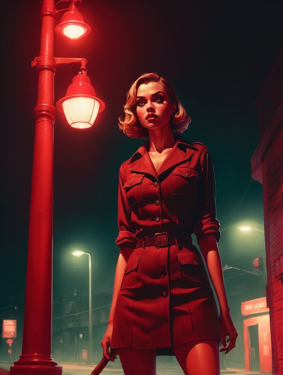 late night call girl standing under a streetlight, gritty, pulp comics style, red ambient light. Killer waiting in the shadows