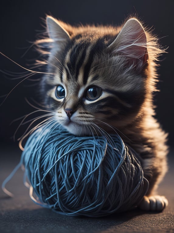 Create an adorable, fluffy kitten playing with a ball of yarn