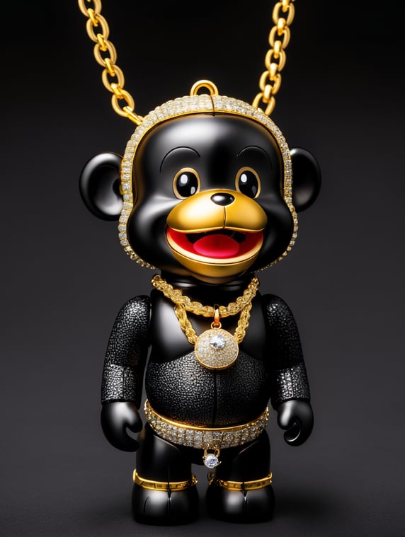 BEARBRICK style monkey, with necklace , toy style, happy face with open mouth , high quality, black background