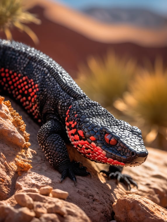 Gila monster on a desert rock, in red, black and white colors, on a golden afternoon, intricately detailed, color depth, dramatic, side light, colorful background intricate details, beautifully shot, sharp focus, 64 megapixels, perfect composition, high contrast, cinematic, atmospheric, moody, sunshine rays, bokeh