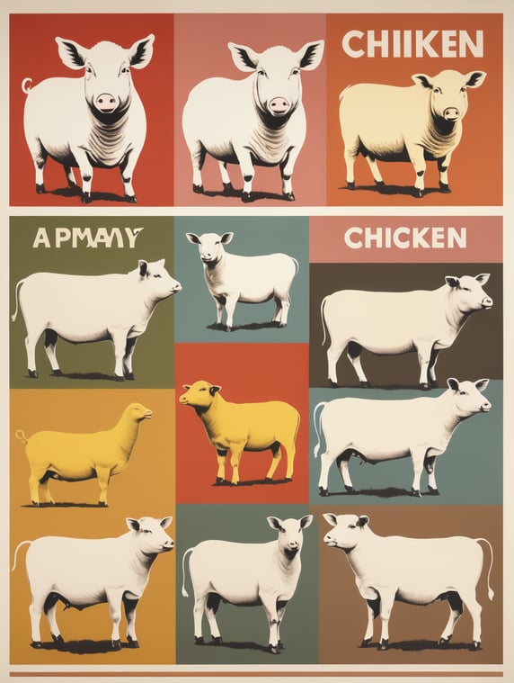 andy warhol style poster with four square section. In one section is a pig. In the second section is a cow. In the third section is a chicken. In the fourth section is a sheep.