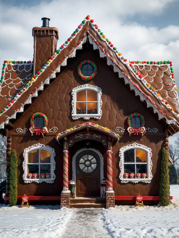 Ginger bread house with a tractor parked outside, and a for sale sign in front of the house. Theodolite surveying tripod in foreground