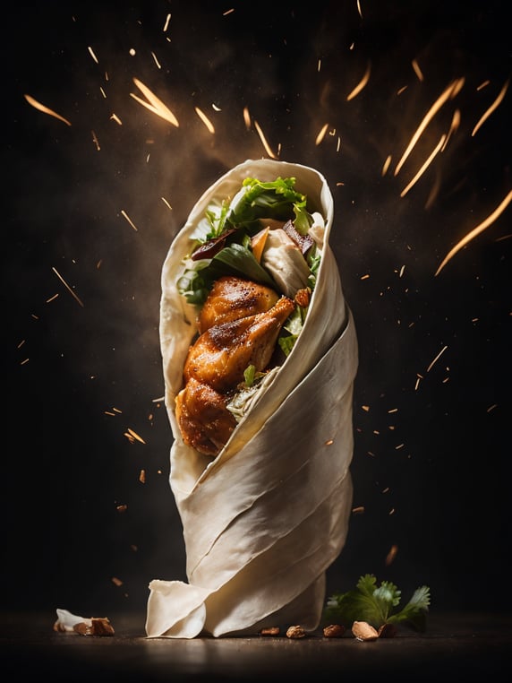 high quality cinematic food explosion, chicken wrap