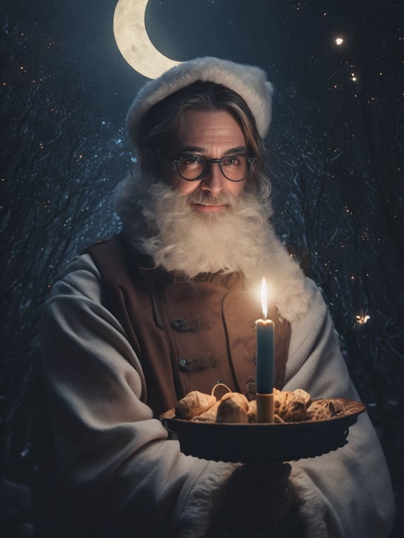 Chubby Santa Claus smiling with a white beard, hat, and glasses looking directly at the camera. Santa Claus is holding a candelabrum that has a candle. The environment is magical we can see a magical enchanted Christmas forest at night with stars and a big moon in the background and it seems that candlelight illuminates Santa Claus's face. The photo has a movie poster aesthetic and a Christmas mood.