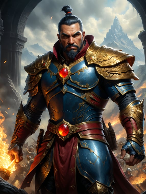 "Draw a striking Magic: The Gathering-style illustration of Guifré the Pilós, the main character of our card game. Be sure to capture every detail of his nobility and bravery, with a rich color palette and epic background that highlights his presence on the battlefield of Las Caetas."; "Dibuja una impactante ilustración estilo Magic: The Gathering de Guifré el Pilós, el personaje principal de nuestro juego de cartas. Asegúrate de capturar todos los detalles de su nobleza y valentía, con una paleta de colores rica y un fondo épico que resalte su presencia en el campo de batalla de las caetas."