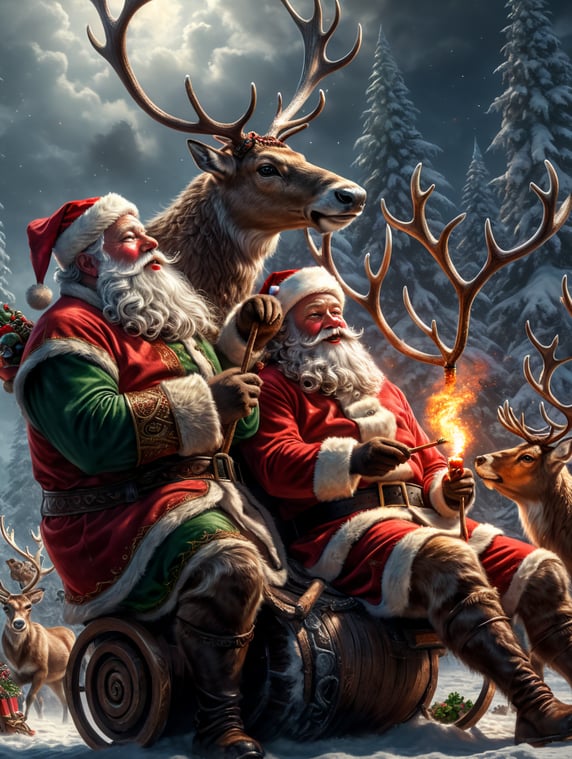 reindeer with Santa rolling a blunt and getting high