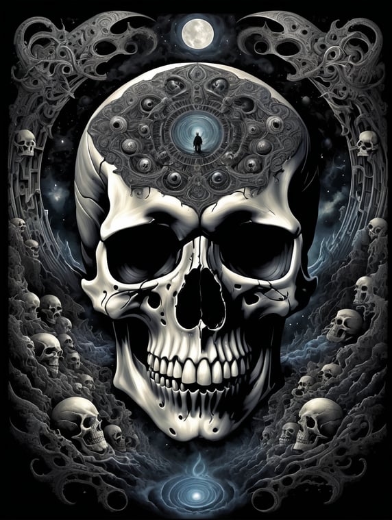 Embark on a chilling journey into the abyss of the unknown where dark vortex formations intertwine creating a symphony of cosmic horror and visual intrigue, the vortex art must expel a feeling of depression and dark thoughts emerging from a skull. with a BLACK background. The art should give a lovecraftian feeling and that is painted by hand and not a photograph.