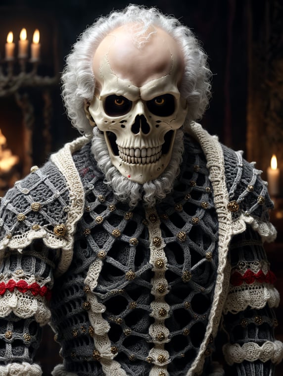 a metal skeleton of a SantaClaus wearing very hirsute crocheted fluffy sweaters for sheeple, portrait
