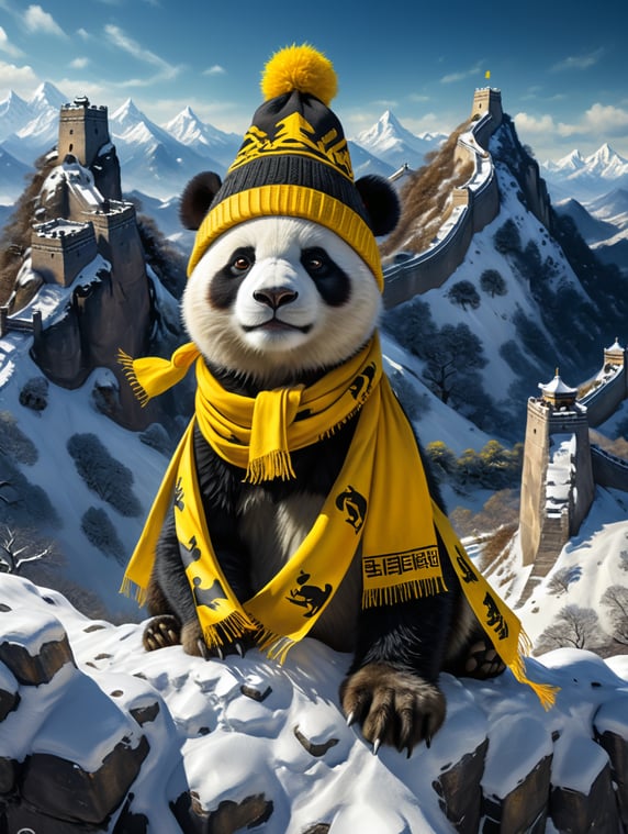 white and black panda sitting on a snowy moutain greatwall wearing a woolly hat and scarf and great wall has many yellow dragon triangle flags