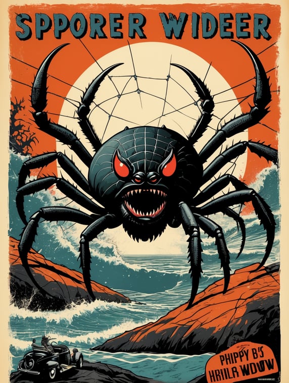 1950's b-movie horror halloween t-shirt print design featuring a giant crab, and a black widow spider, spider webs, ocean, art style Butcher Billy