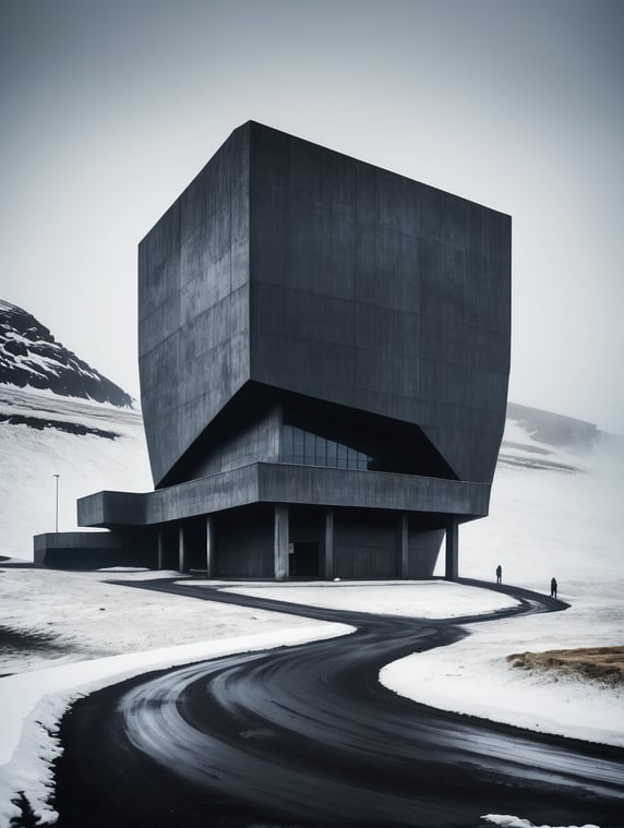 Ultra wide angke cinematic photo of a mesmerically moody dark and gloomy massively monolithic scandinavian minimalism brutalist futuristic structure on an icelandic norwegian scandinavian mountain exterior between two worlds with snow mist and fog and dust styled