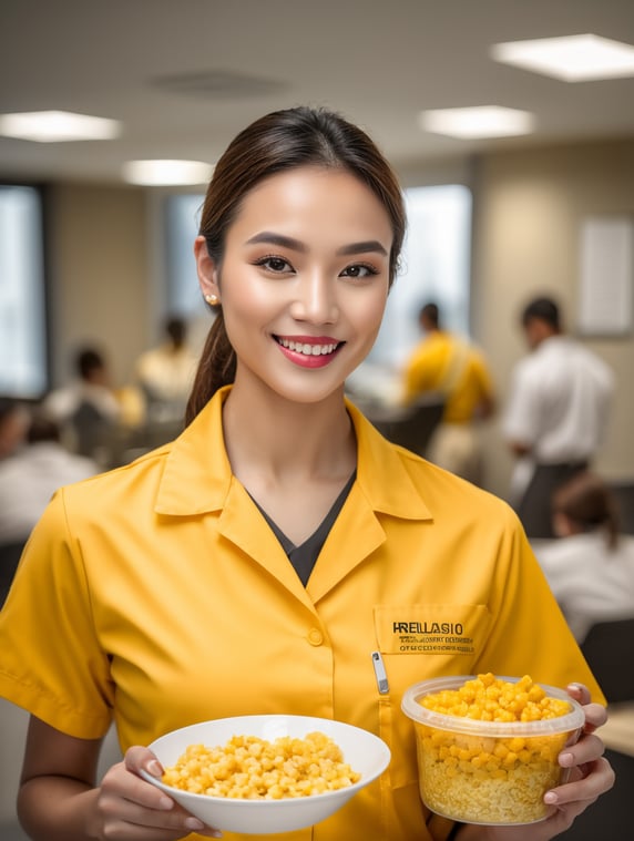 female nutrition student with yellow uniform and food sample in hand in an office; estudiante femenino de nutrición con uniforme amarillo y muestra de comida en la mano en un consultorio