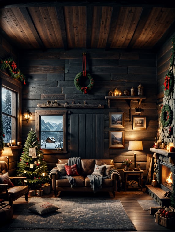 vertical picture wall mockup, natural christmas, cozy log cabin, neutral colors