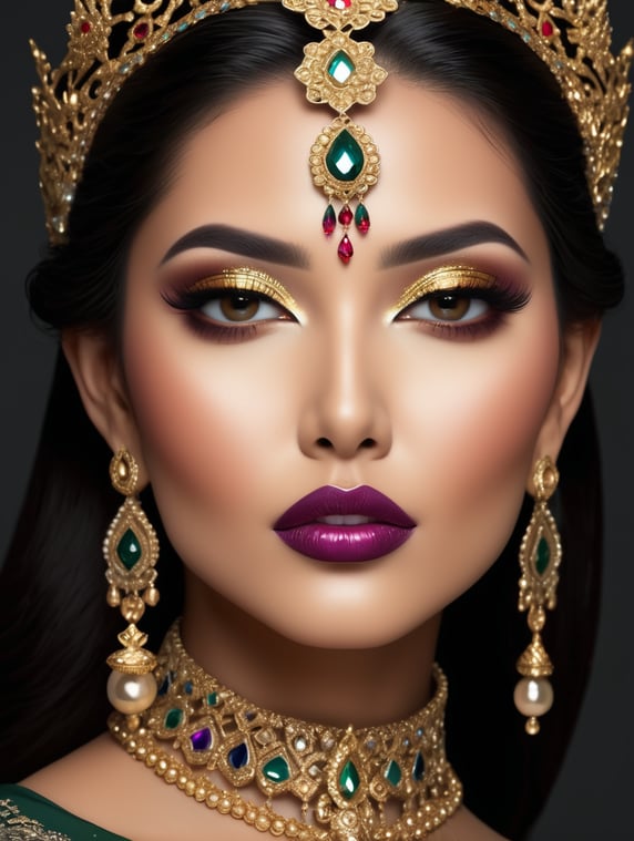 portrait of a realistic beautiful eastern woman queen, with bright makeup on her face, jewelry made of precious stones and a crown on her head
