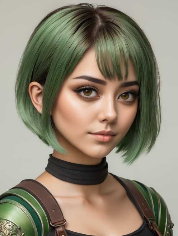 A young woman with short green hair with brown highlights. She also has a wooden mask. The rims of the mask's eyes are also green, just like the hair.; Młoda kobieta o krótkich zielonych włosach z brązowymi pasemkami Ma również drewnianą maskę. Obwudki oczu maski również są zielone tak jak włosy.