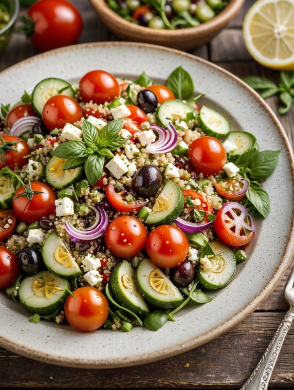 Mediterranean Quinoa Salad, small plate on a wooden table, Description: A healthy and colorful salad made with cooked quinoa, cherry tomatoes, cucumbers, red onions, Kalamata olives, and feta cheese, all tossed in a lemon-herb vinaigrette.