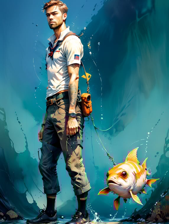 a man dressed in a sailor sailor walks while holding a fish on a leash , the man has long legs seen in low angle he looks at the objective conceptual style art